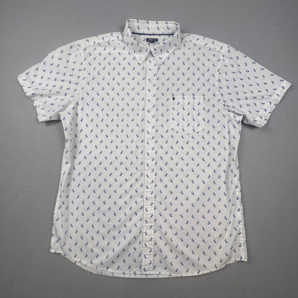 Coastal Button Down Shirt Mens XL White Blue Pelican‎ Bird Print Short Sleeve